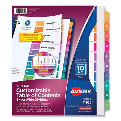 Image of Avery® Customizable Toc Ready Index Multicolor Tab Dividers, Extra Wide Tabs, 10-Tab, 1 To 10, 11 X 9.25, White, 1 Set