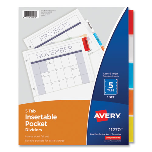 Avery® Insertable Dividers W/Single Pockets, 5-Tab, 11.25 X 9.13, White, 1 Set