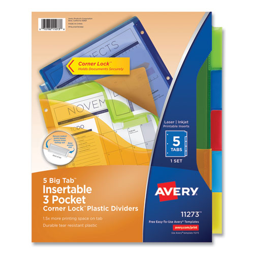 Avery® Insertable Big Tab Plastic Three-Pocket Corner Lock Dividers, 5-Tab, 11.13 X 9.25, Assorted, 1 Set