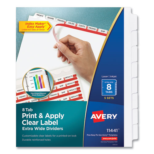 Image of Avery® Print And Apply Index Maker Clear Label Dividers, Extra Wide Tabs, 8-Tab, 11.25 X 9.25, White, 5 Sets