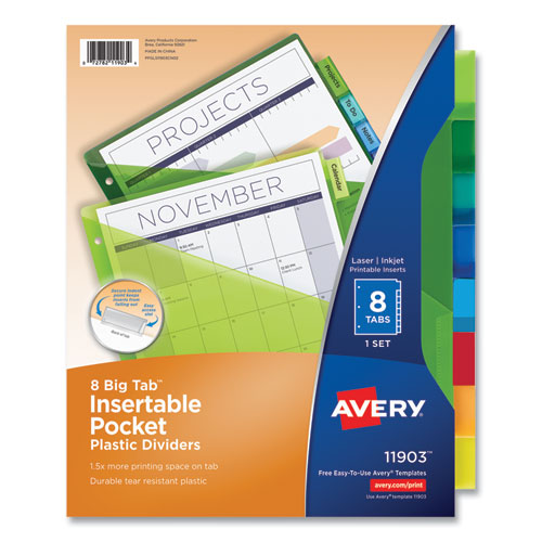 Avery® Insertable Big Tab Plastic 1-Pocket Dividers, 8-Tab, 11.13 X 9.25, Assorted, 1 Set