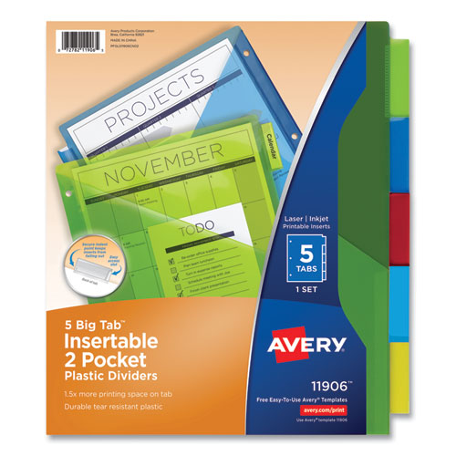 Avery® Insertable Big Tab Plastic 2-Pocket Dividers, 5-Tab, 11.13 X 9.25, Assorted, 1 Set