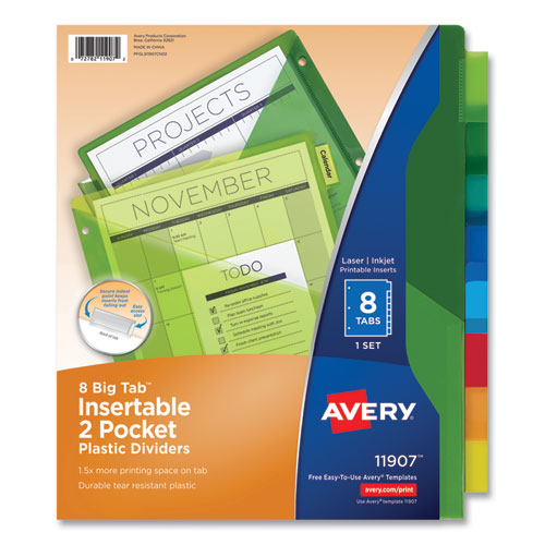 Avery® Insertable Big Tab Plastic 2-Pocket Dividers, 8-Tab, 11.13 X 9.25, Assorted, 1 Set