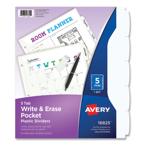 Image of Avery® Write And Erase Durable Plastic Dividers With Straight Pocket, 5-Tab, 11.13 X 9.25, White, 1 Set