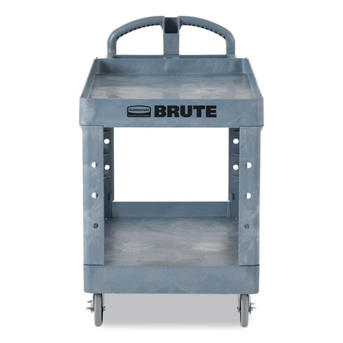 BRUTE Heavy-Duty Ergo Handle Utility Cart, Plastic, Two Shelves, 500 lb Capacity, 25.5" x 44" x 39", Gray