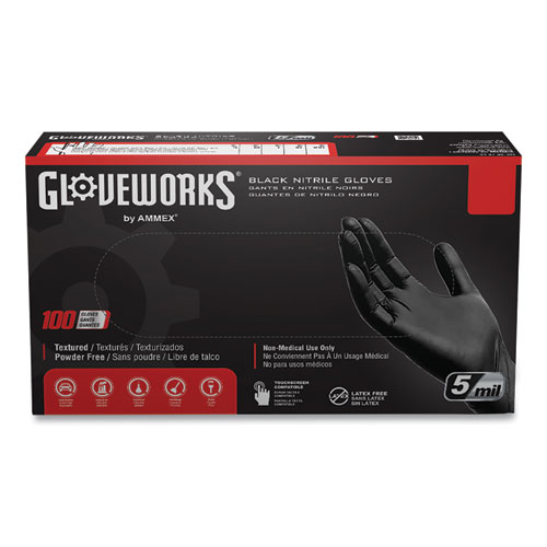 GloveWorks® by AMMEX® Industrial Nitrile Gloves, Powder-Free, 6 mil, Small, Black 100 Gloves/Box, 10 Boxes/Carton