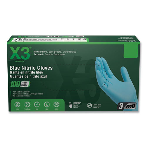 Industrial Nitrile Gloves, Powder-Free, 3 mil, Large, Blue, 100/Box, 10 Boxes/Carton