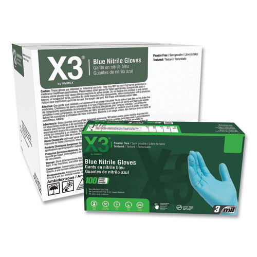 Industrial Nitrile Gloves, Powder-Free, 3 mil, X-Large, Blue, 100/Box, 10 Boxes/Carton