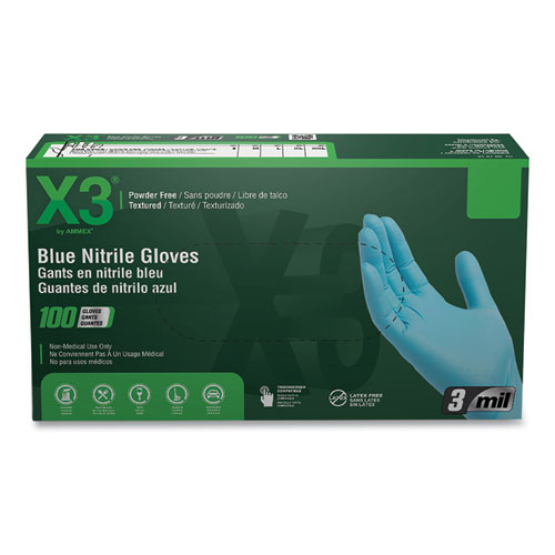 Industrial Nitrile Gloves, Powder-Free, 3 mil, X-Large, Blue, 100/Box, 10 Boxes/Carton