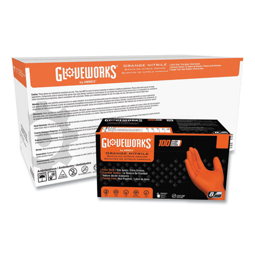 GloveWorks® by AMMEX® Heavy-Duty Industrial Gloves, Powder-Free, 8 mil, Large, Orange, 100 Gloves/Box, 10 Boxes/Carton