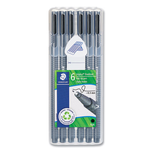 Staedtler® Triplus Fineliner Marker Pen, Stick, Fine 0.3 mm, Black Ink, Clear Barrel, 6/Pack