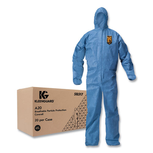 A20 Breathable Particle Protection Coveralls, Zip Front, Hood, Elastic Back, Wrists, Ankles, 4X-Large, Blue, 20/Carton