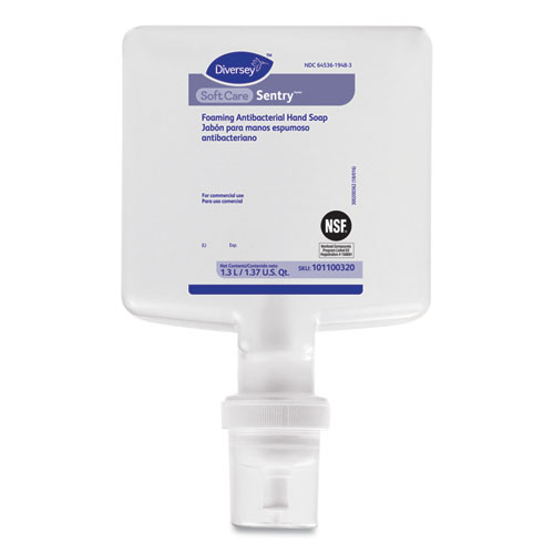Image of Diversey™ Soft Care Sentry Foaming Antibacterial Hand Soap, Fragrance-Free, 1.3 L Cartridge Refill, 6/Carton