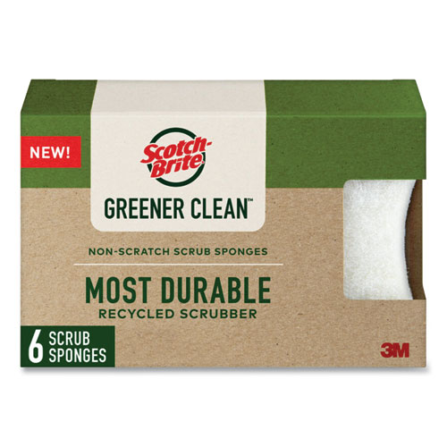 Image of Greener Clean Non-Scratch Scrub Sponge, 2.6 x 3.3, 0.7" Thick, White, 6/Pack