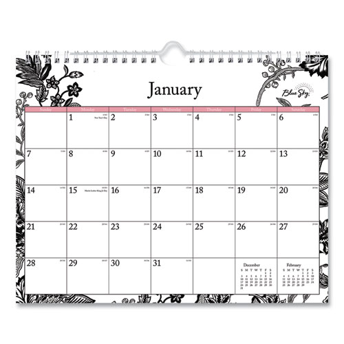 Image of Blue Sky® Analeis Wall Calendar, Analeis Floral Artwork, 11 X 8.75, White/Black/Coral Sheets, 12-Month (Jan To Dec): 2024