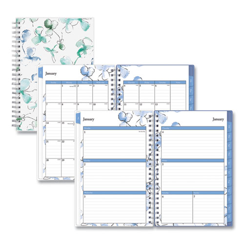 Image of Blue Sky® Lindley Weekly/Monthly Planner, Lindley Floral Artwork, 8 X 5, White/Blue/Green Cover, 12-Month (Jan To Dec): 2024