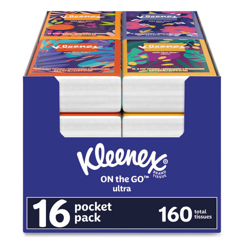 Kleenex® On The Go Packs Facial Tissues, 3-Ply, White, 10/Pouch, 16 Pouches/Pack, 6 Packs/Carton
