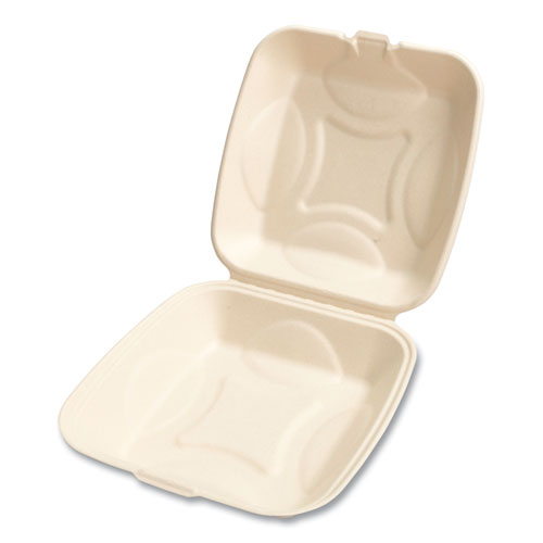 Boardwalk - BWKHINGEWF3CM9 - Bagasse Molded Fiber Food Containers, Hinged-Lid, 3-Compartment 9 x 9, White, 100/Sleeve, 2 Sleeves/Carton