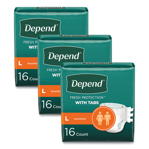 Depend® Incontinence Protection with Tabs, 35" to 49" Waist, 16/Pack, 3 Packs/Carton