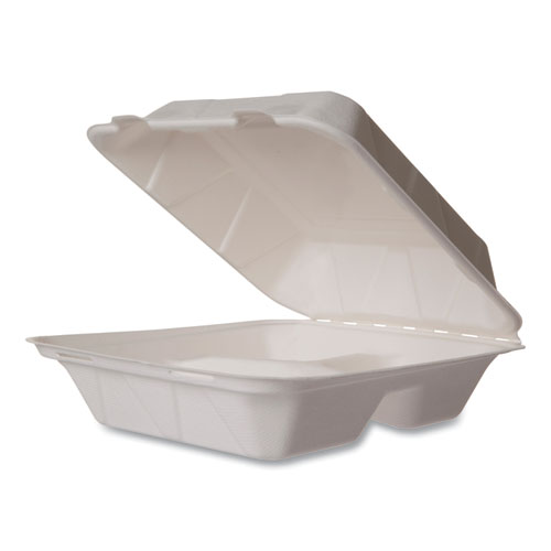White Molded Fiber Clamshell Containers, 3-Compartment, 7.9 x 7.9 x 2.9, White, Sugarcane, 200/Carton