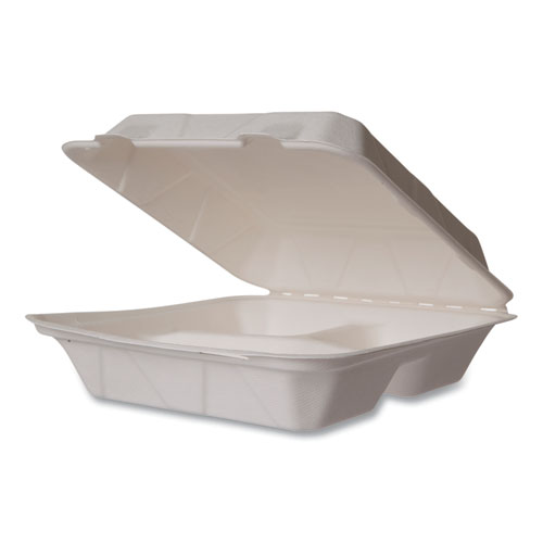 Image of Nourish Molded Fiber Takeout Containers, 3-Compartment, 5 x 9 x 2, White, Sugarcane, 200/Carton