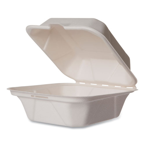 Vegware™ White Molded Fiber Clamshell Containers, 5.9 x 5.9 x 2.9, White, Sugarcane, 400/Carton