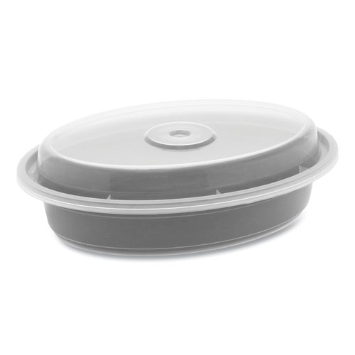 Image of Newspring VERSAtainer Microwavable Containers, Oval, 12 oz, 6.8 x 4.8 x 1.45, Black/Clear, Plastic, 150/Carton