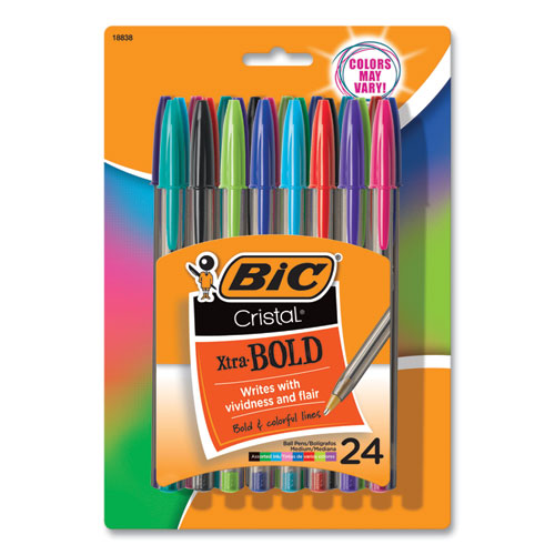 BIC® Cristal Xtra Bold Ballpoint Pen, Stick, Bold 1.6 mm, Randomly Assorted Ink and Barrel Colors, 24/Pack