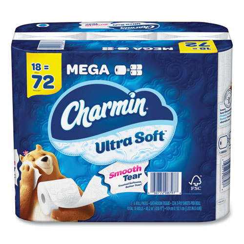 Image of Ultra Soft Bathroom Tissue, Mega Roll, Septic Safe, 2-Ply, White, 224 Sheets/Roll, 18 Rolls/Carton