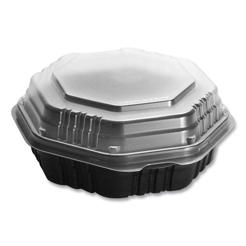 OctaView Hinged-Lid Hot Food Containers, 7.47 x 7.94 x 3.11, Black/Clear, Plastic, 100/Carton