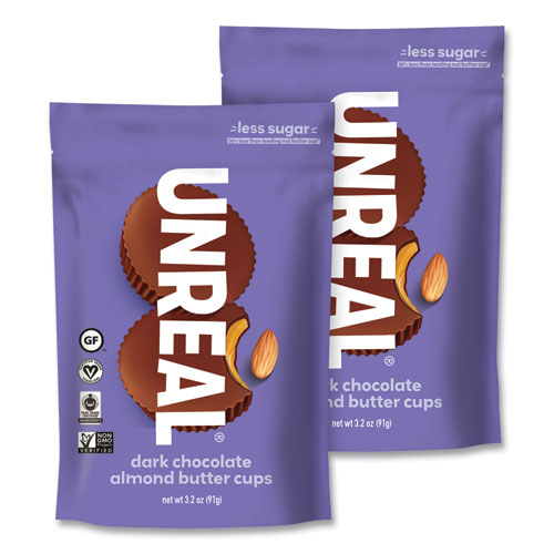 UNREAL® Chocolate Almond Butter Cups, 3.2 oz Bag, 2/Carton, Ships in 1-3 Business Days