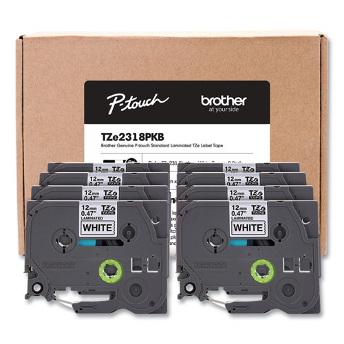 TZe Series Standard Adhesive Laminated Labeling Tape, 0.5", Black on White, 8/Pack