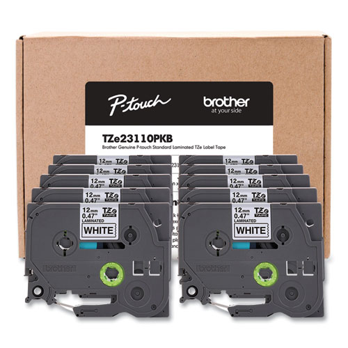 TZe Series Standard Adhesive Laminated Labeling Tape, 0.5", Black on White, 10/Pack