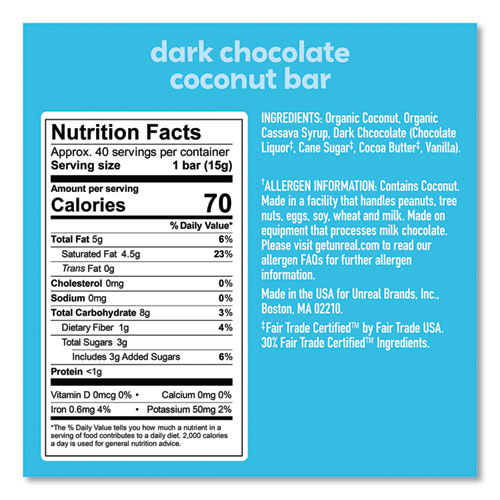 Dark Chocolate Coconut Bars, 0.53 oz, Individually Wrapped, 40/Pack