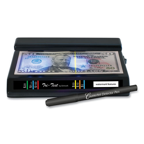 Tri Test Counterfeit Bill Detector with Pen, U.S.; Canadian; Mexican; EU; UK; Chinese Currencies, 7 x 4 x 2.5, Black