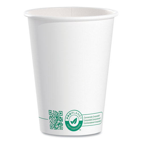 Compostable Paper Hot Cups, ProPlanet Seal, 12 oz, White/Green, 1,000/Carton