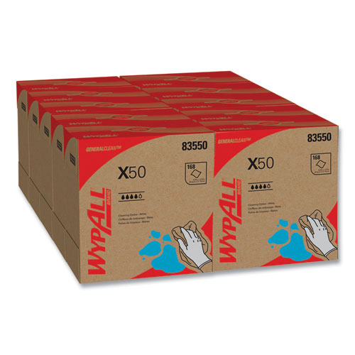 WypAll® X50 Cloths, POP-UP Box, 12.5 x 9.1, White, 168/Box, 10 Boxes/Carton