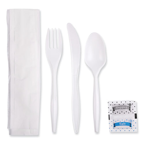 Cutlery Kit, Plastic Fork/Spoon/Knife/Salt/Polypropylene/Napkin, White, 250/Carton