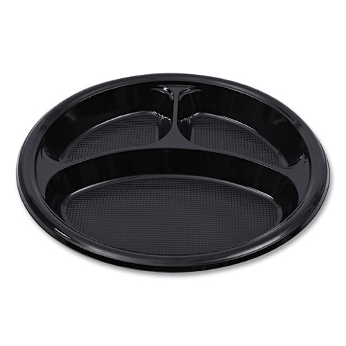 Hi-Impact Plastic Dinnerware, Plate, 3-Compartment, 10" dia, Black, 125/Sleeve, 4 Sleeves/Carton