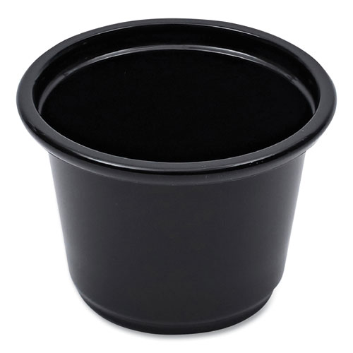 Image of Boardwalk® Souffle/Portion Cups, 1 Oz, Polypropylene, Black, 20 Cups/Sleeve, 125 Sleeves/Carton
