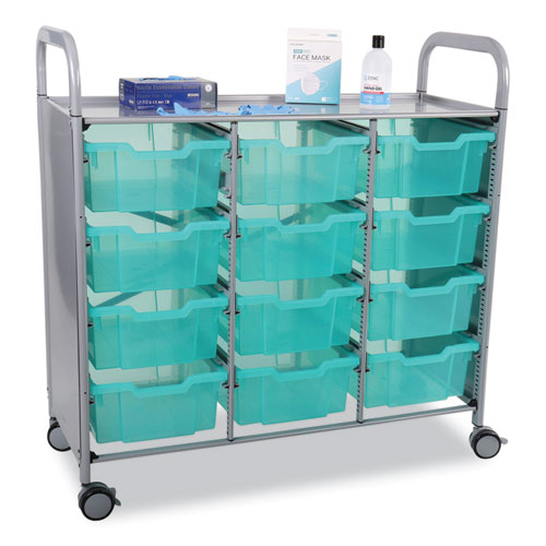 Callero Plus 3-Column Trolley Set 13, Antimicrobial, Metal, 12 F2 Deep Bins, 40.6" x 17.3" x 41.5", Silver/Translucent Kiwi