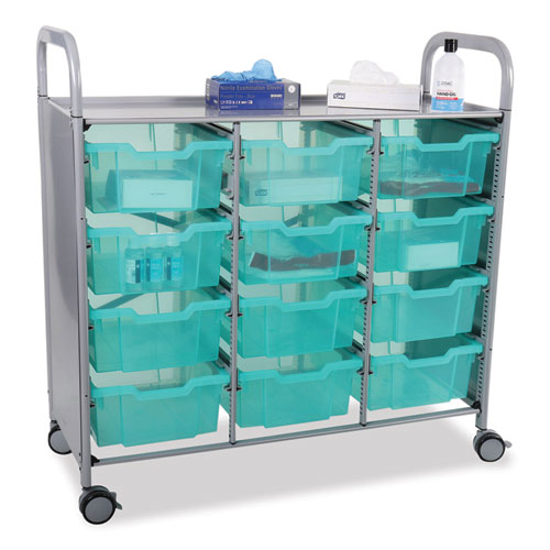 Callero Plus 3-Column Trolley Set 13, Antimicrobial, Metal, 12 F2 Deep Bins, 40.6" x 17.3" x 41.5", Silver/Translucent Kiwi