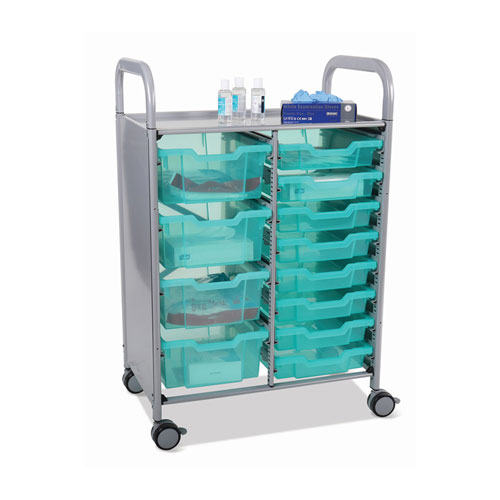 Callero Plus Shield Double Trolley Set 18, Antimicrobial, Metal, 8 F1 Bins, 4 F2 Bins, 27.4 x 17.3 x 41.5, Silver/Trans Kiwi