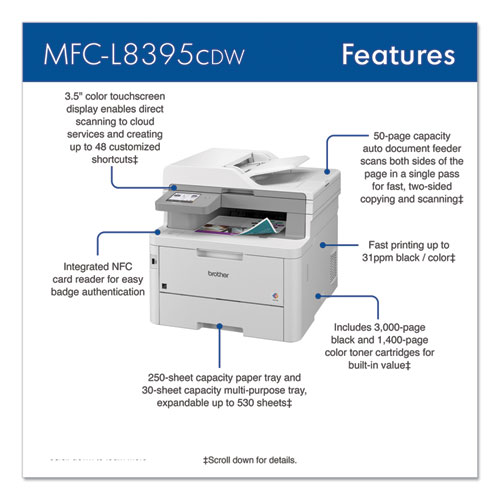 Workhorse MFC-L8395CDW Digital Color All-in-One Printer, Copy/Fax/Print/Scan