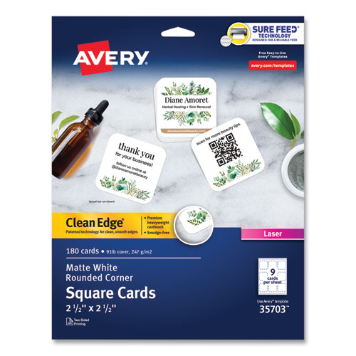 Image of Square Clean Edge Cards with Sure Feed Technology, Laser, 2.5 x 2.5, White, 180 Cards, 9 Cards/Sheet, 20 Sheets/Pack