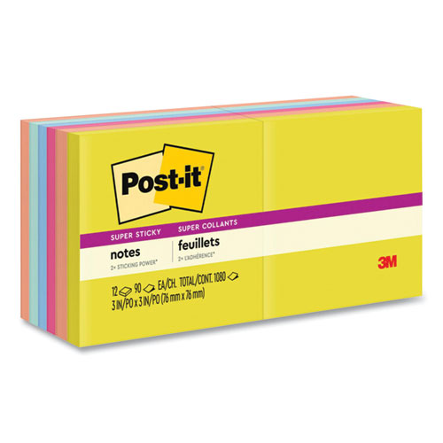 Post-it® Notes Super Sticky Note Pads in Summer Joy Collection Colors, 3" x 3", Summer Joy Collection Colors, 90 Sheets/Pad, 12 Pads/Pack