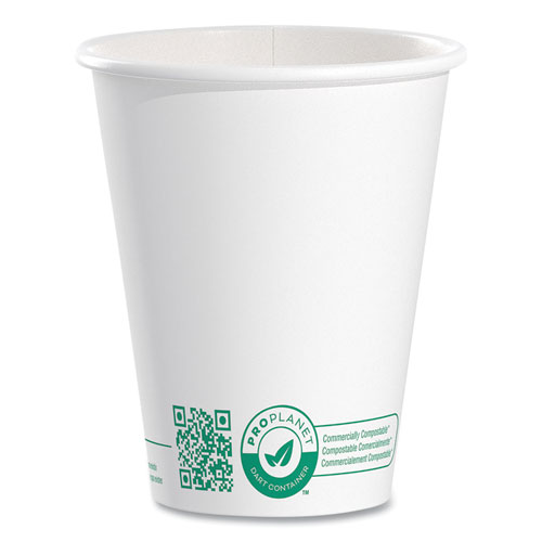 Compostable Paper Hot Cups, ProPlanet Seal, 8 oz, White/Green, 50/Pack