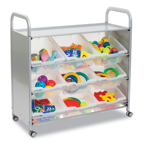 Callero Tilted Tray Trolley Set 01, Metal, 1 Shelf, 9 F2 Deep Bins, 40.6" x 17.3" x 41.5", Silver/Translucent Frost