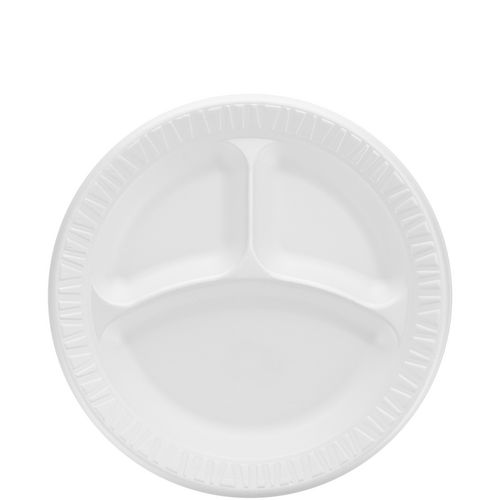 Quiet Classic Laminated Foam Dinnerware, 3 Compartment Plate, 9" dia, White, 500/Carton