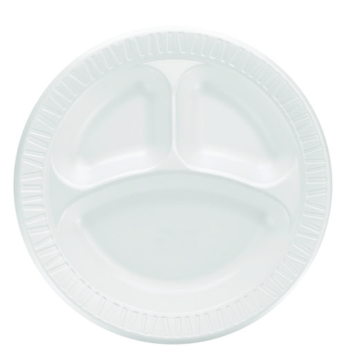 Quiet Classic Laminated Foam Dinnerware, 3-Compartment Plate, 10" dia, White, 500/Carton